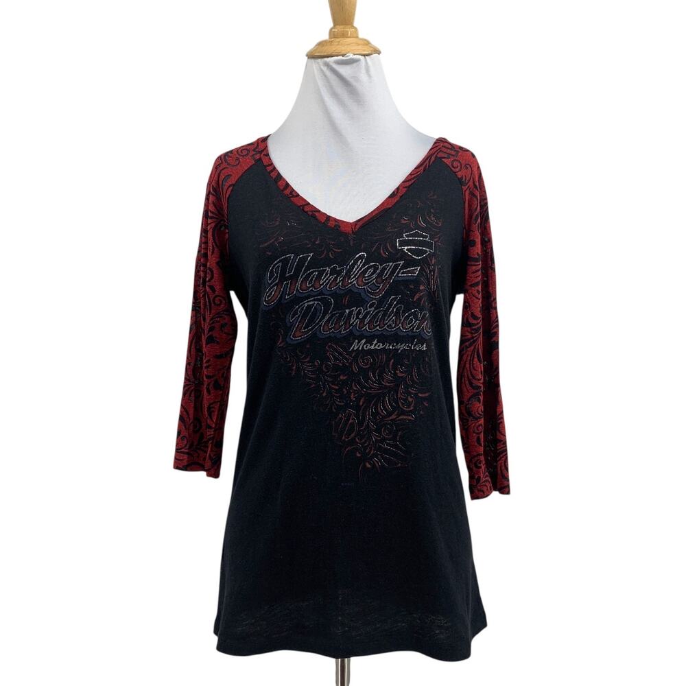 Harley Davidson T Shirt Women M Medium Multi Graphic VNeck Raglan Quarter Sleeve